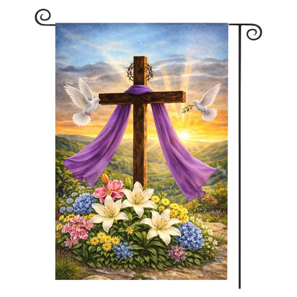 Beaver Rain Cat Easter cross flag front view, double-sided design for outdoor Easter decor.