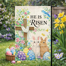 Beaver Rain Cat Easter flag on porch display, ideal for spring decor.