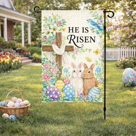 Beaver Rain Cat Easter flag shows cross, bunny and eggs visible on both sides.
