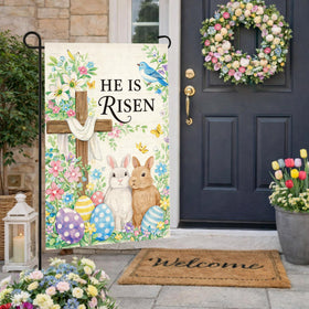 Beaver Rain Cat Easter flag outdoors in sun and breeze showing durable color.