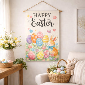 Beaver Rain Cat Easter garden flag features floral wreath and eggs for spring