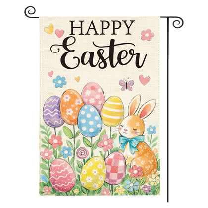 Beaver Rain Cat Happy Easter flag front view with bunny and flowers, adds curb appeal