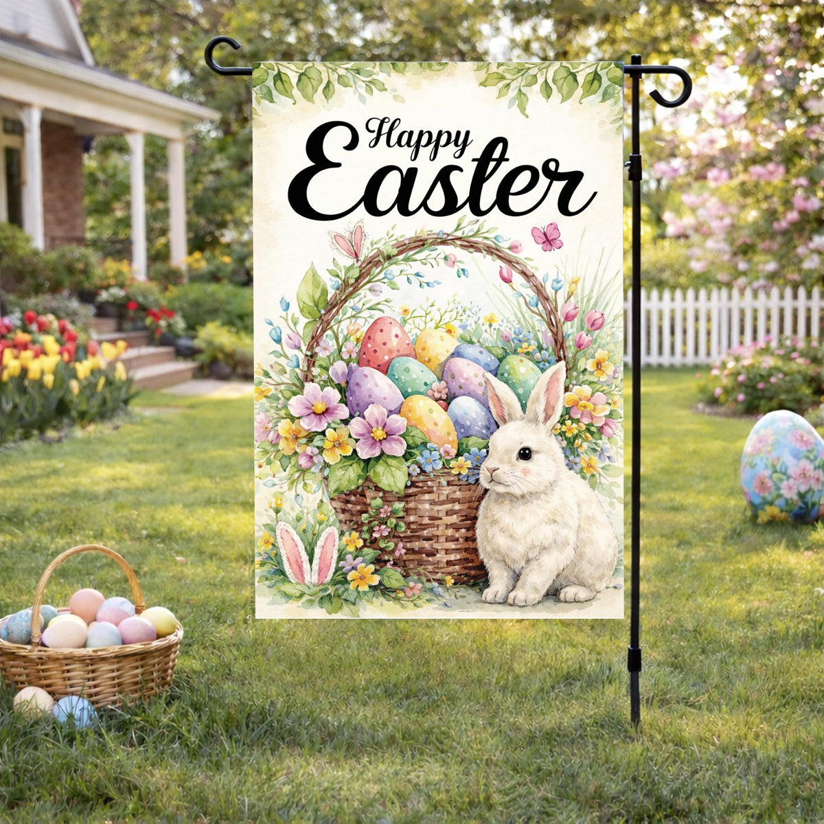 Beaver Rain Cat watercolor bunny and eggs flag, double-sided visibility.