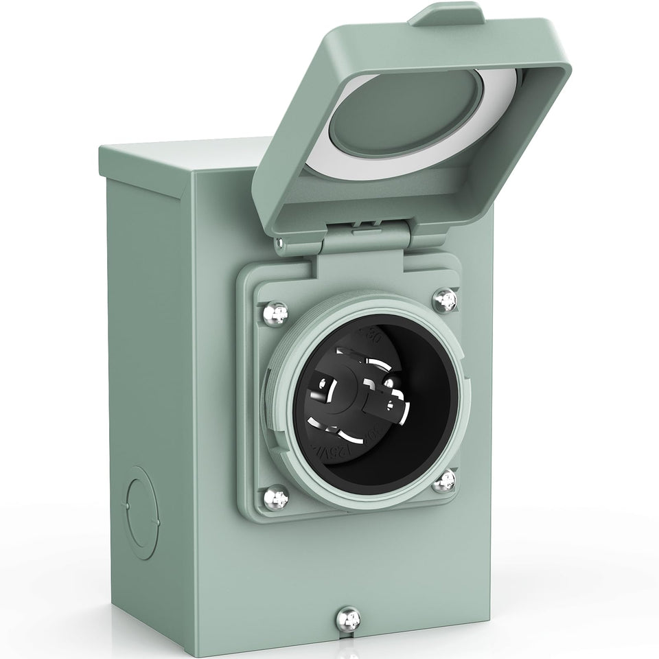 BEBOBLY generator inlet box front view showing weatherproof design for outdoor use