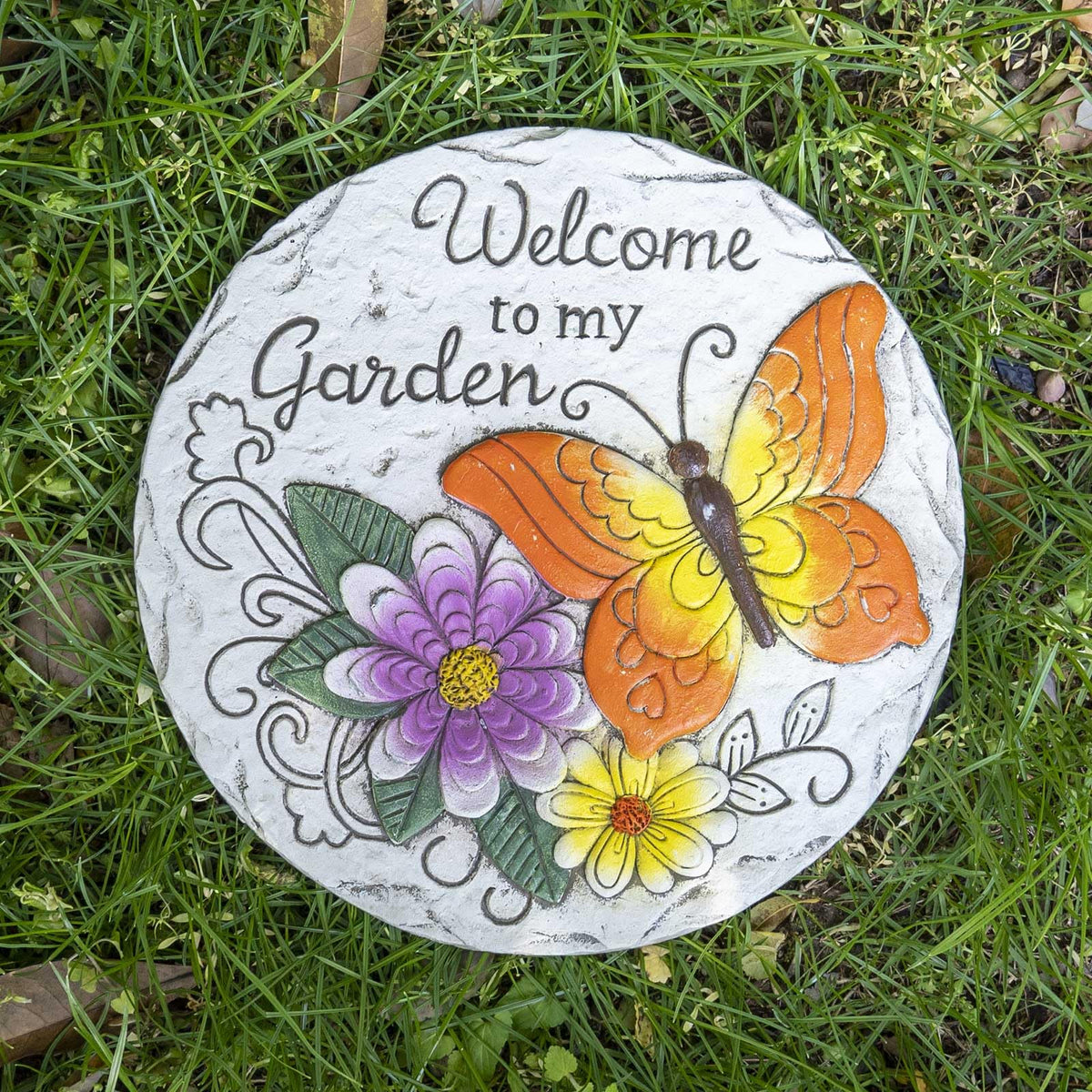 Bechivie stepping stone with floral accents elevates pathway scenery