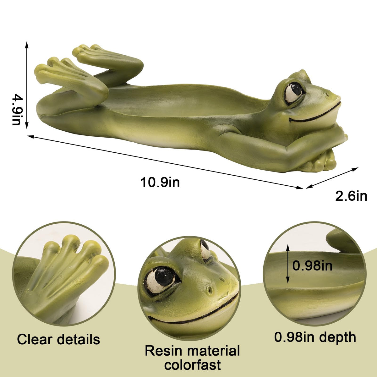 Bechivie resin frog bird bath resting beside flowering plants