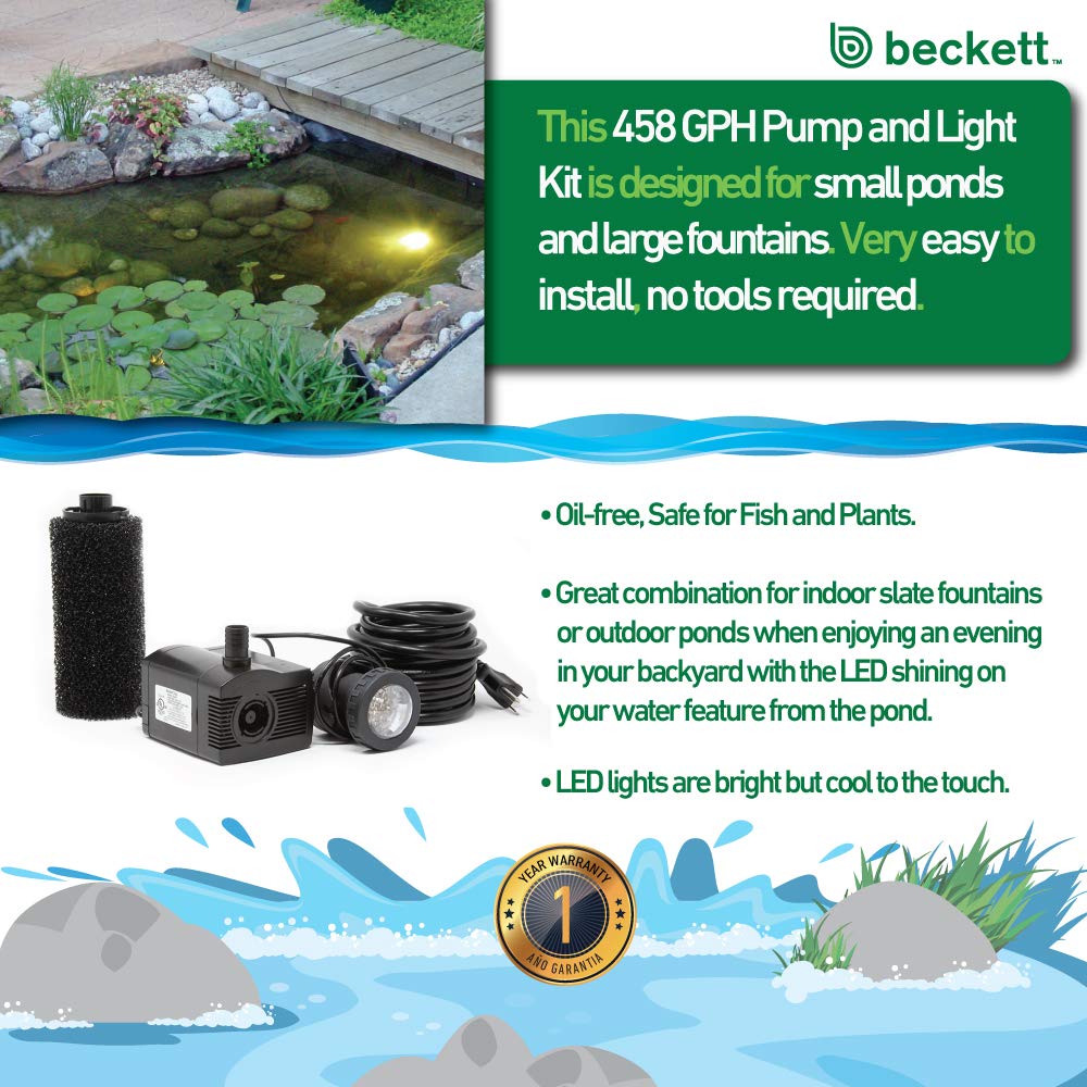 Beckett LV450T LED lighting creates a tranquil water garden illumination after dark.