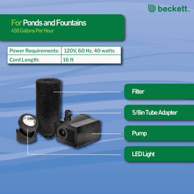 Beckett LV450T operates quietly, ideal for ponds and fountains without noise disruption.