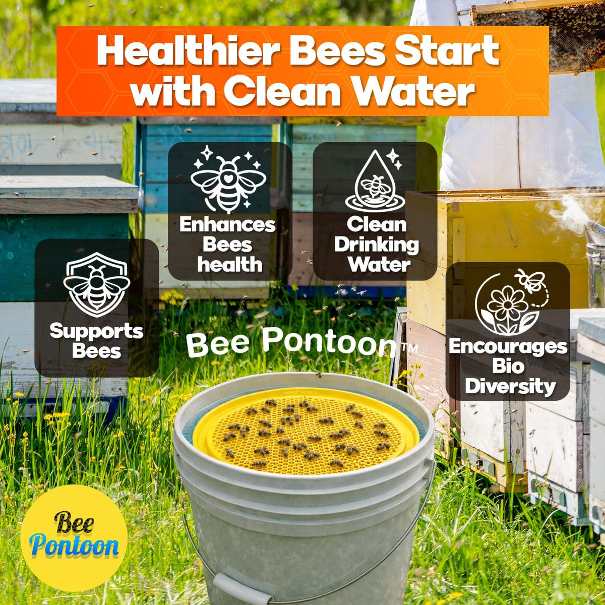 Bee Pontoon weather-resistant waterer endures sun and rain.