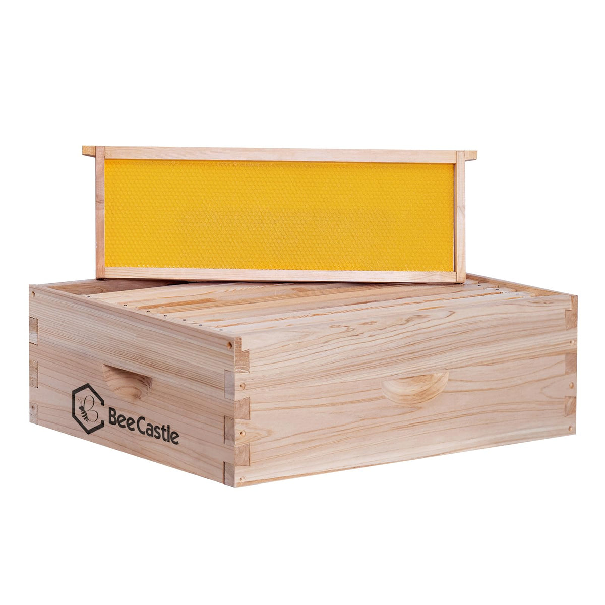 BeeCastle 10-frame medium super box front view showing sturdy fir construction for long-lasting hives