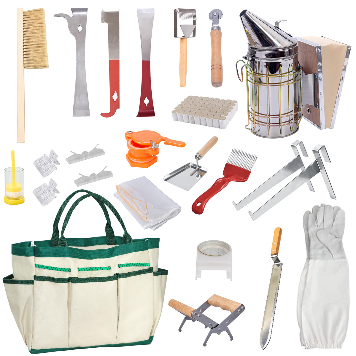 BeeCastle tool kit with smoker and frame holder supports daily beekeeping tasks.