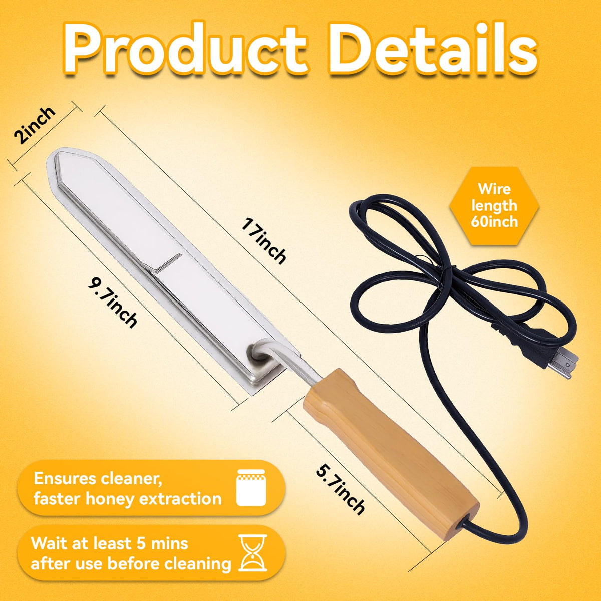 BeeCastle electric uncapping knife blade close-up, durable stainless steel for long-lasting use.