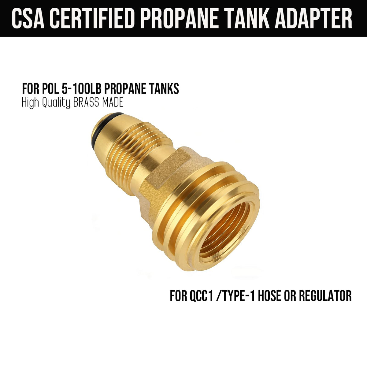 BeeGo brass propane adapter on valve enabling hand-tight connection