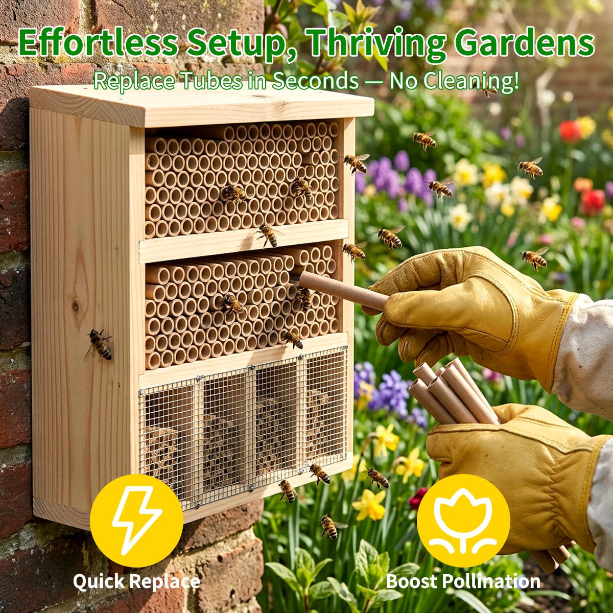 BeeQuestify Mason bee house compatibility with refill tubes for simple upgrades.