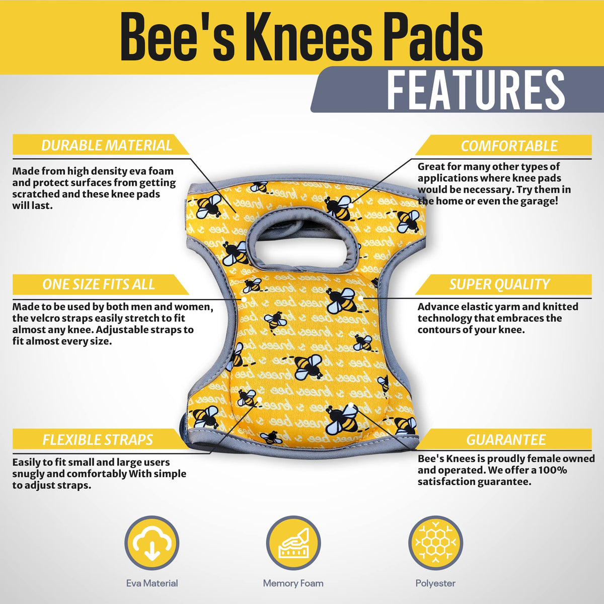 Bee's Knees Knee Pads with longer adjustable straps for a secure fit