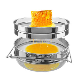 BeeTech stainless steel honey strainer with dual sieves for pure honey.