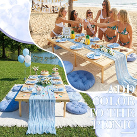 Beeveer blue cushions offer soft seating on grass or blankets.