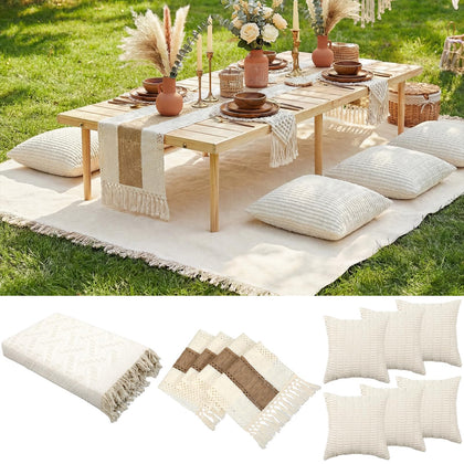 Beeveer Extra Large Boho Picnic Blanket in cream for roomy family gatherings.