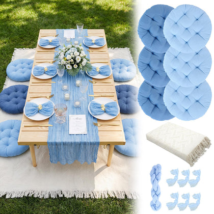 Beeveer white picnic blanket with blue accents, comfortable seating for outdoor gatherings.