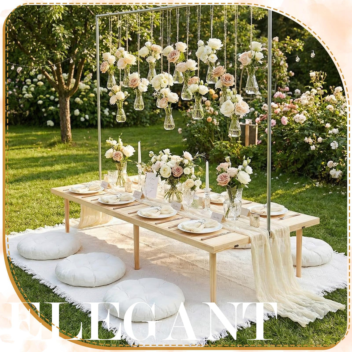 Beeveer beige table runner drapes elegantly over long outdoor tables