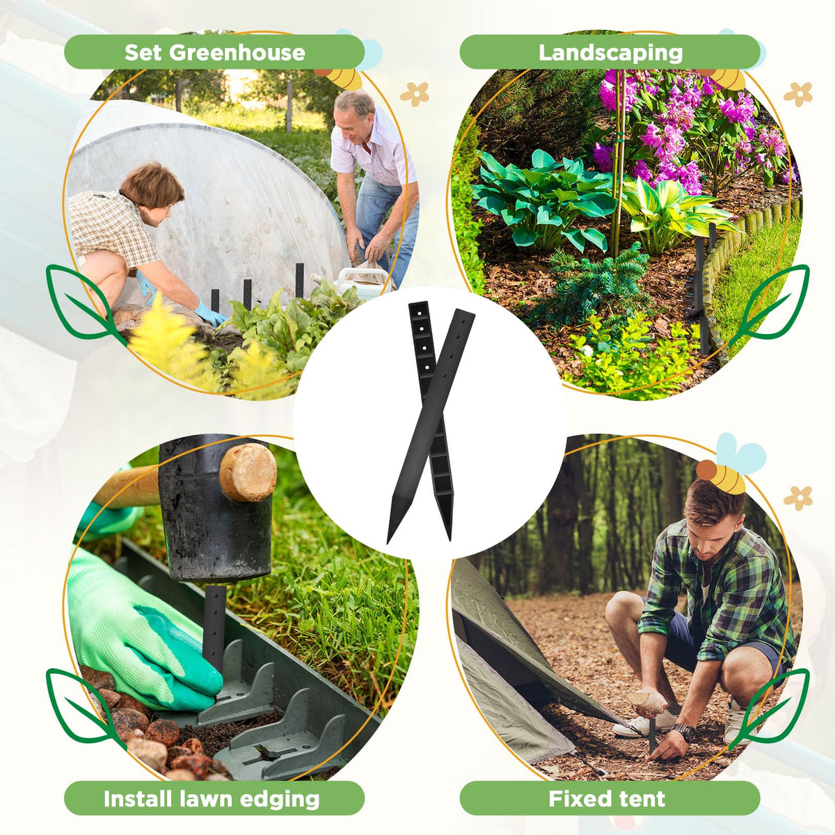 Beeveer 24-stake package provides ample coverage for gardening and camping tasks