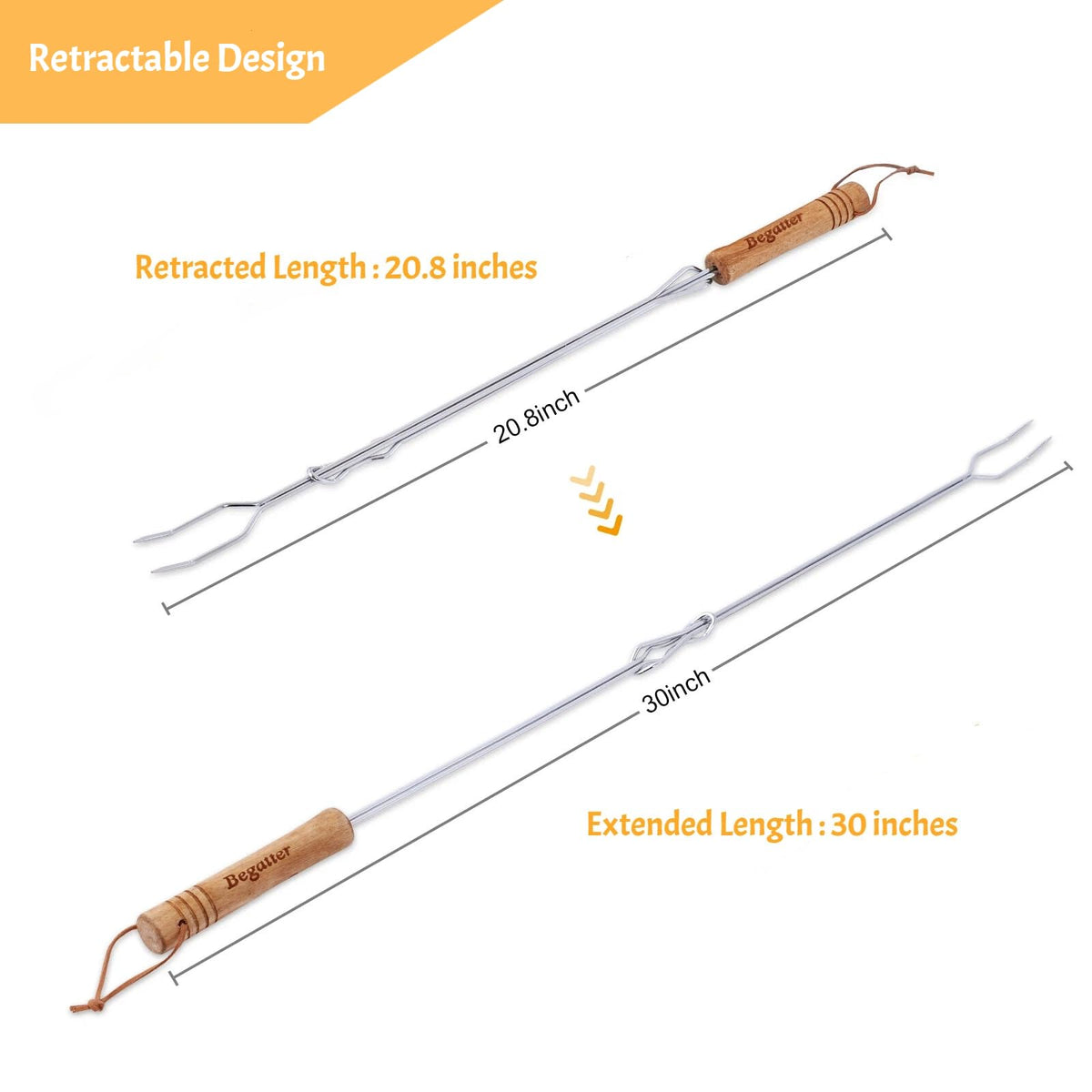 Begatter Smores Sticks wooden handles provide comfortable grip and heat resistance.