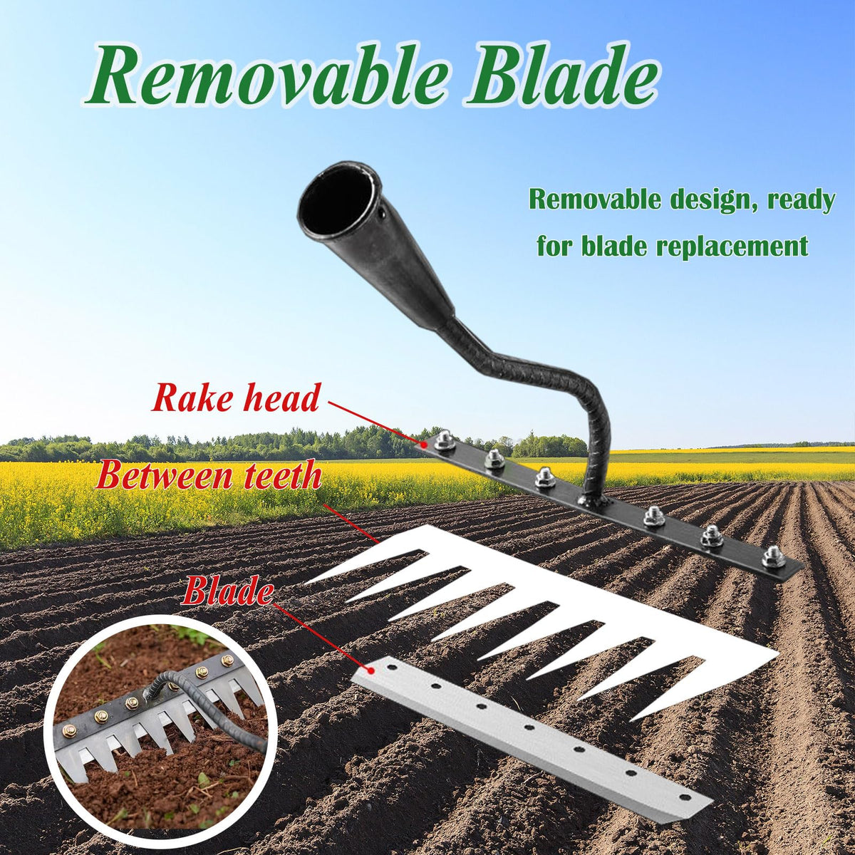Beikity garden rake used for weeding, soil loosening, and leveling.