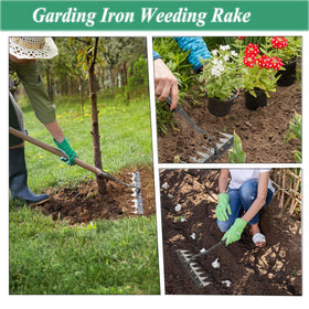 Beikity iron weeding rake in action removing weeds and debris.