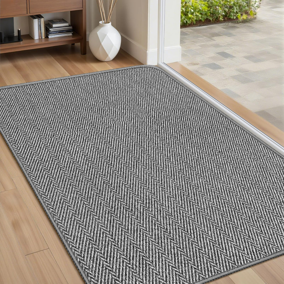 BEISIFLOOR Ultra Thin Door Mat 24x36 front view highlights stylish herringbone design for entryways.