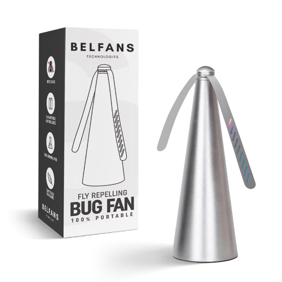 Belfans FlyRepellent Table Fan with reflective blades for quiet dining.