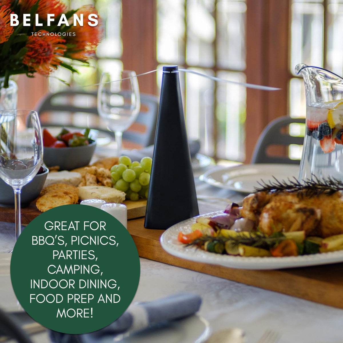 Belfans compact outdoor dining fan fits picnic tables and camping.
