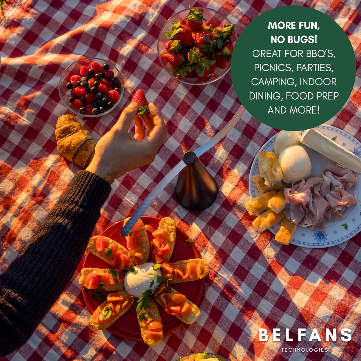 Belfans portable table fan with overhead loop for patio or tent setups.