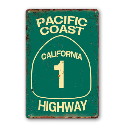 Belhnpk Pacific Coast Highway tin sign with pre-drilled holes for easy wall mounting