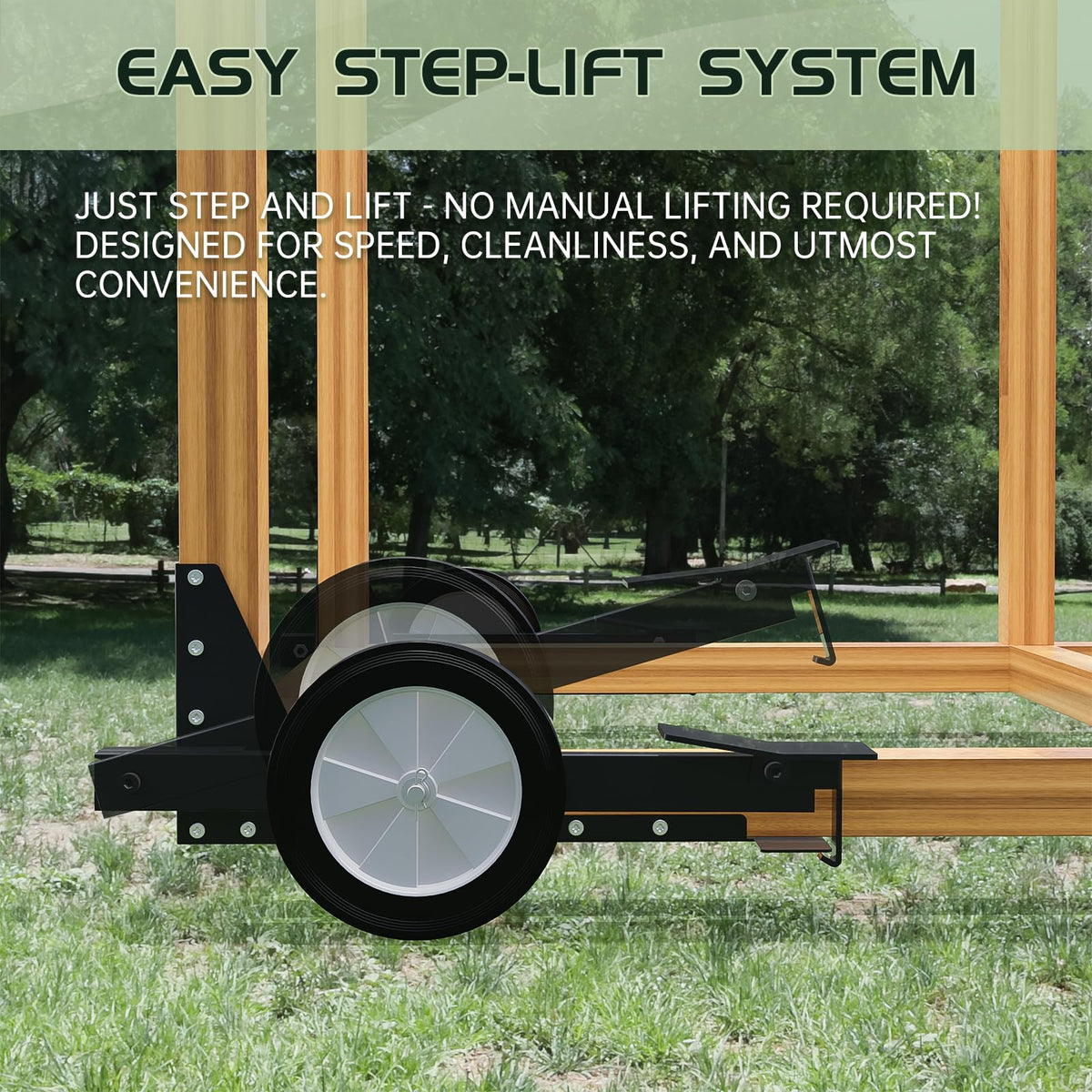 Belinova chicken coop wheels kit demonstrates compatibility with coops up to 10x12 feet.
