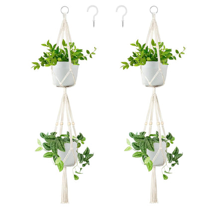 Belit double macrame plant hangers shown for ceiling or wall display.