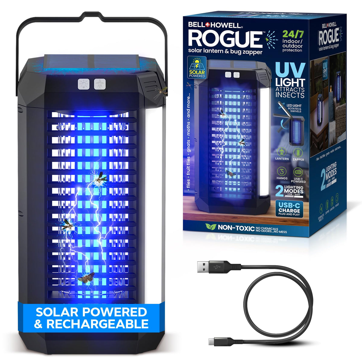 Bell+Howell Rogue solar bug zapper on patio, delivering outdoor pest control.