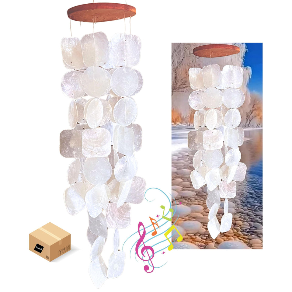 Bellaa wind chimes with capiz seashells and wood, 27-inch outdoor décor.