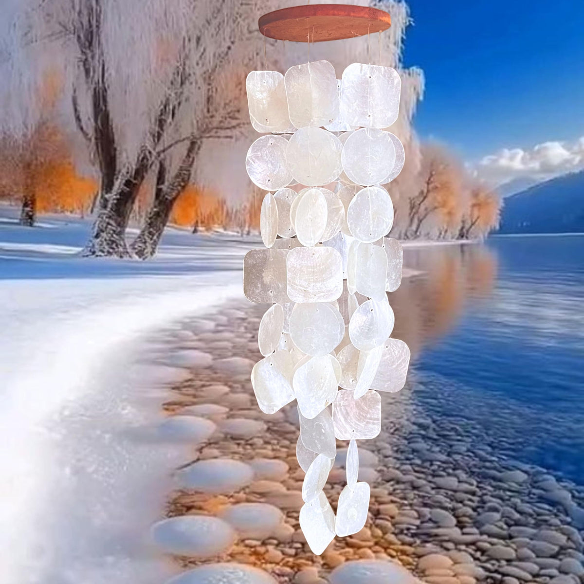 Bellaa wind chimes in outdoor garden decor with colorful shells and wood.