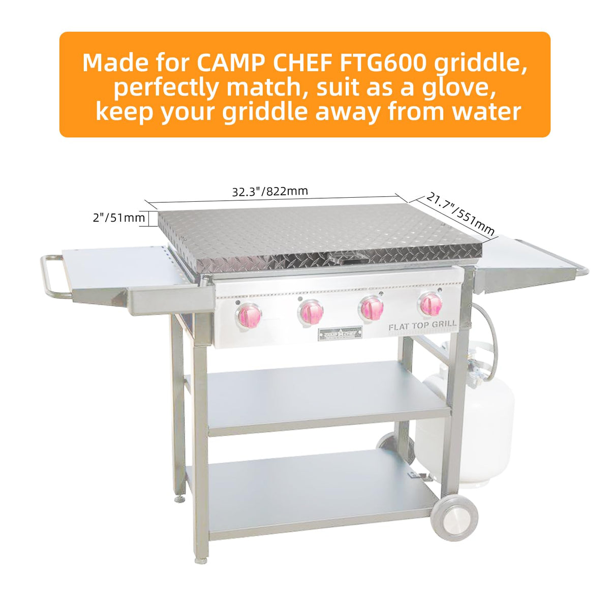 BELLATOR FTG600 griddle cover with long brackets for easy hanging beside the outdoor station.