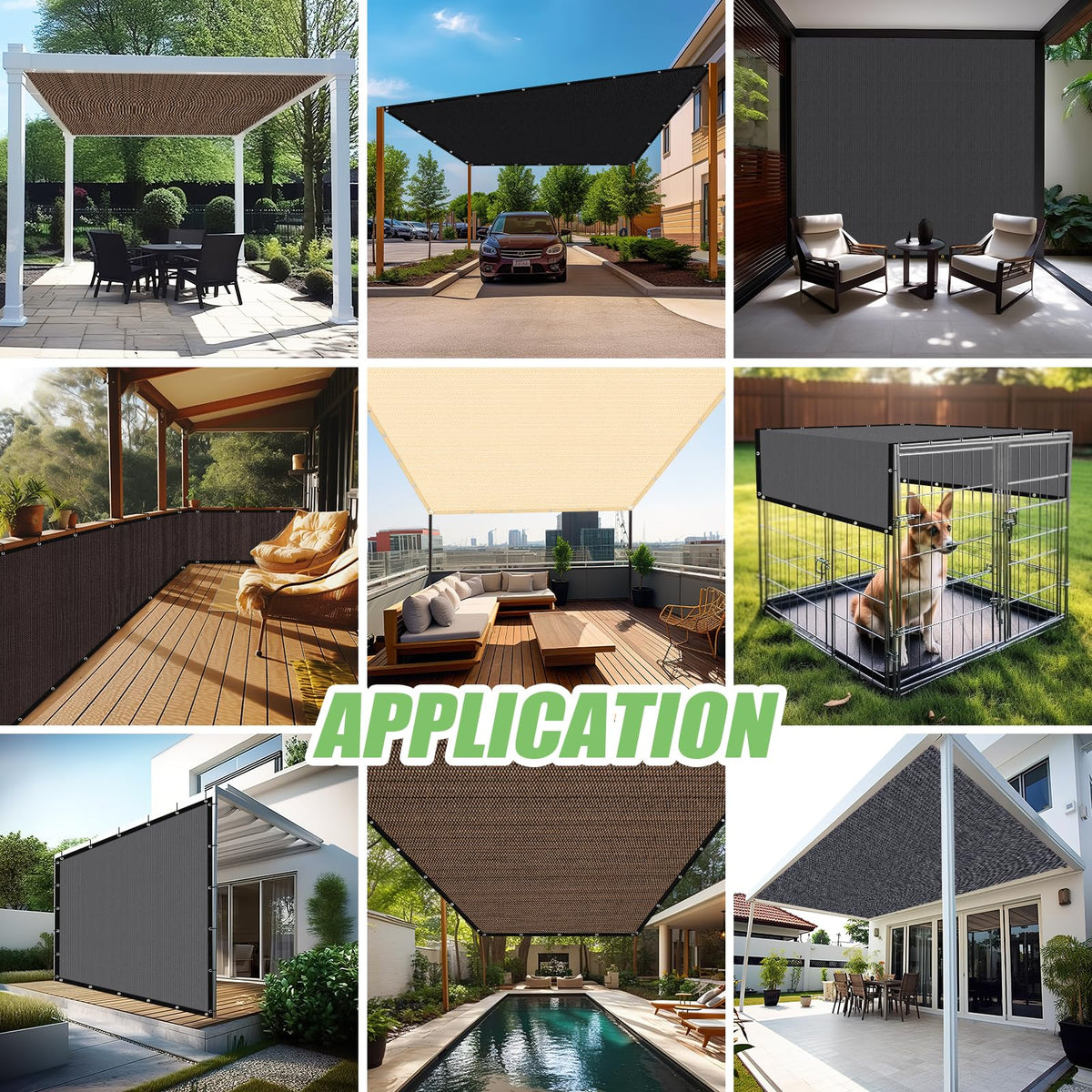 BELLE DURA mocha shade cloth complements outdoor décor beautifully.