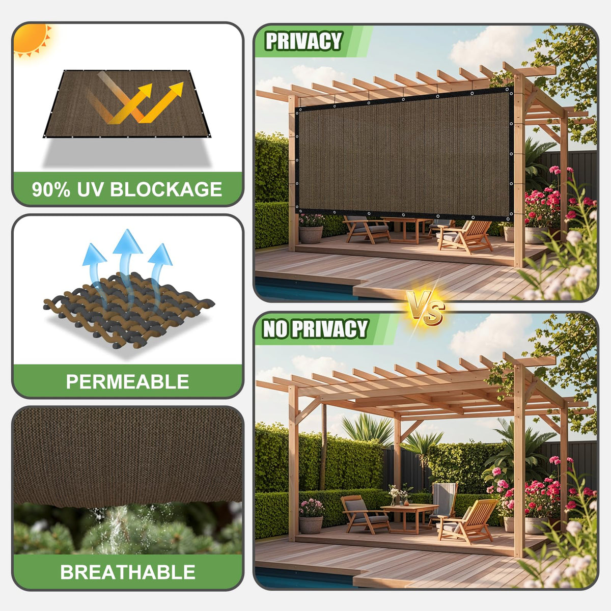 BELLE DURA shade cloth includes ropes and hooks for flexible installation.