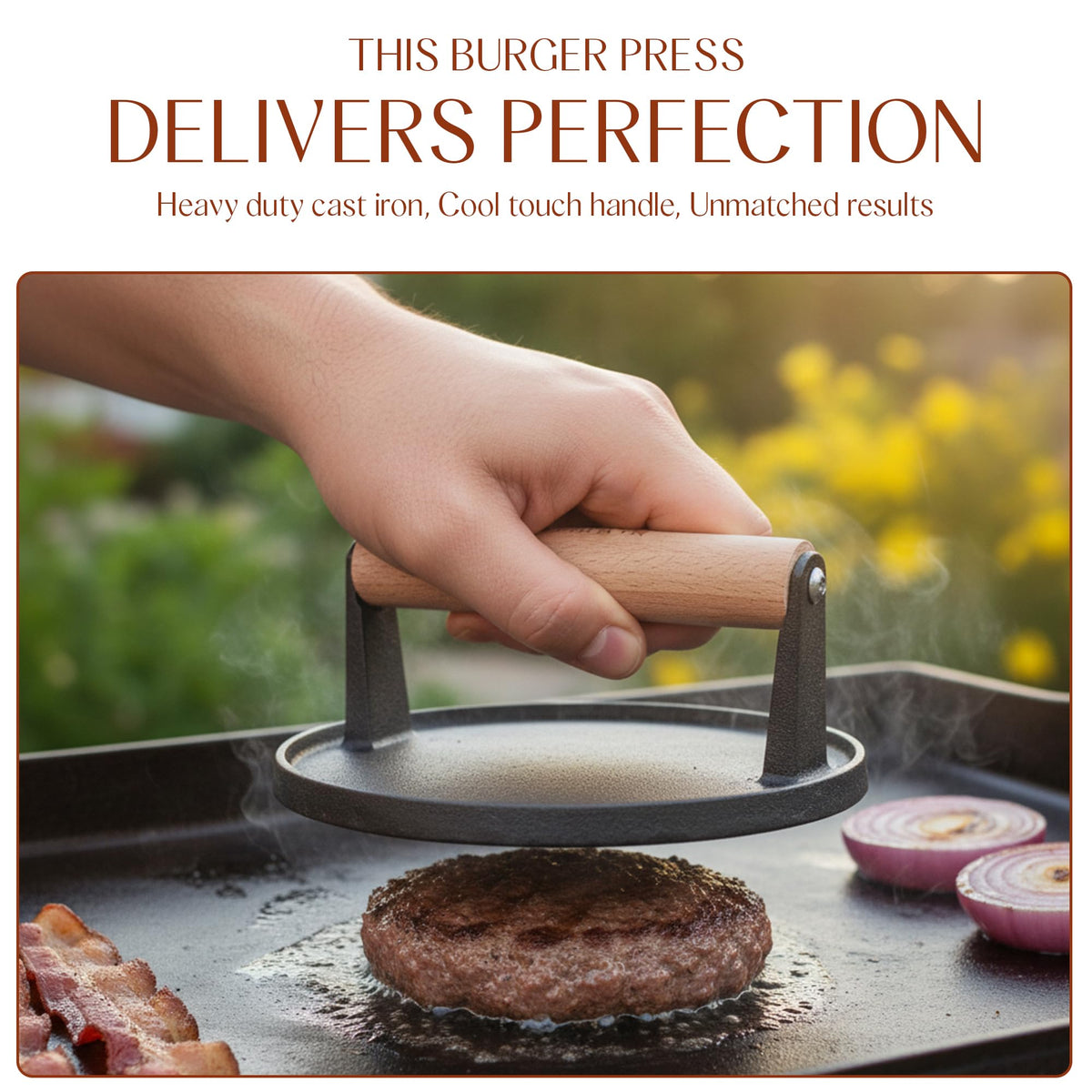 Bellemain burger press sear-marks image indicating restaurant-quality crust