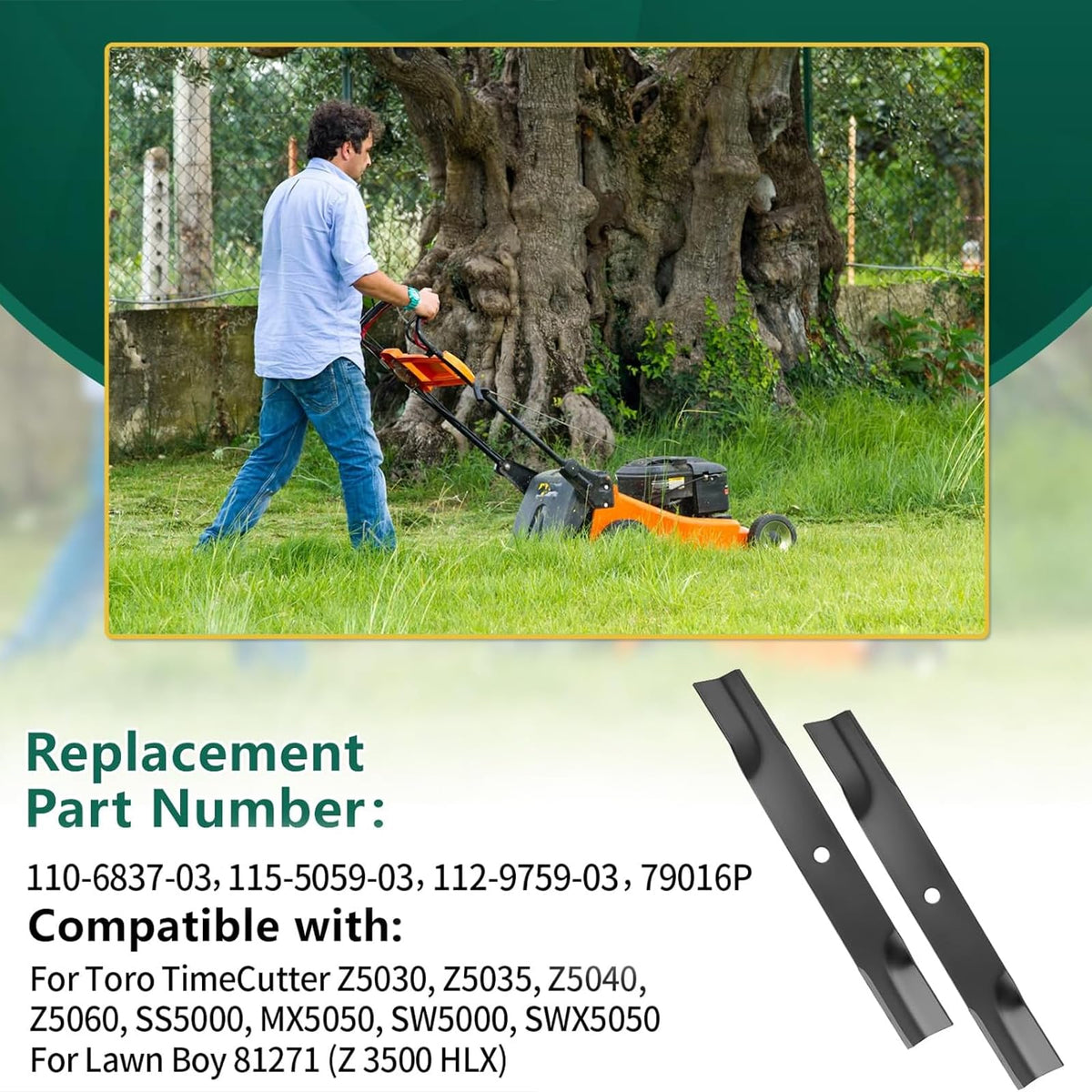 Belleone blade length 17.5 inches provides broad deck coverage.