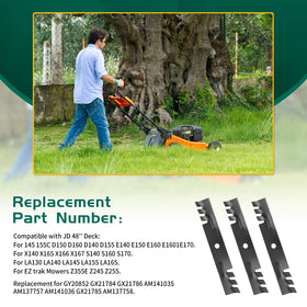 Belleone D140 blades on deck showing compatibility with John Deere 48-inch mowers
