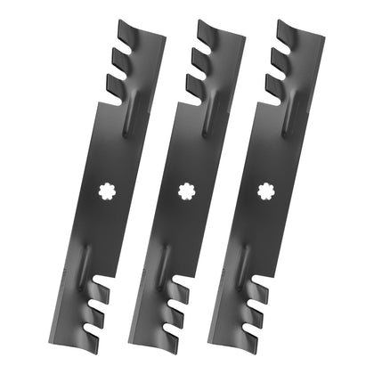 Belleone D140 blades three-pack front view, ideal replacement for John Deere 48-inch mowers