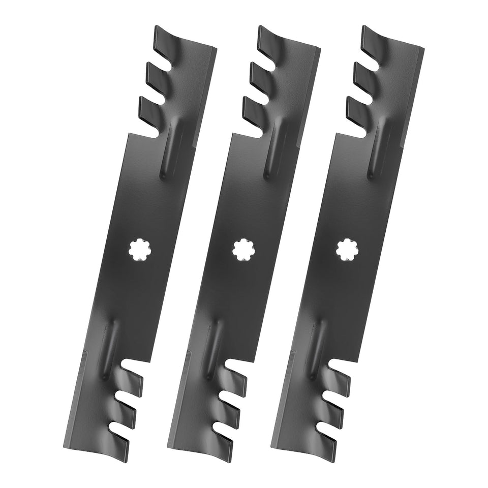 Belleone D140 blades three-pack front view, ideal replacement for John Deere 48-inch mowers