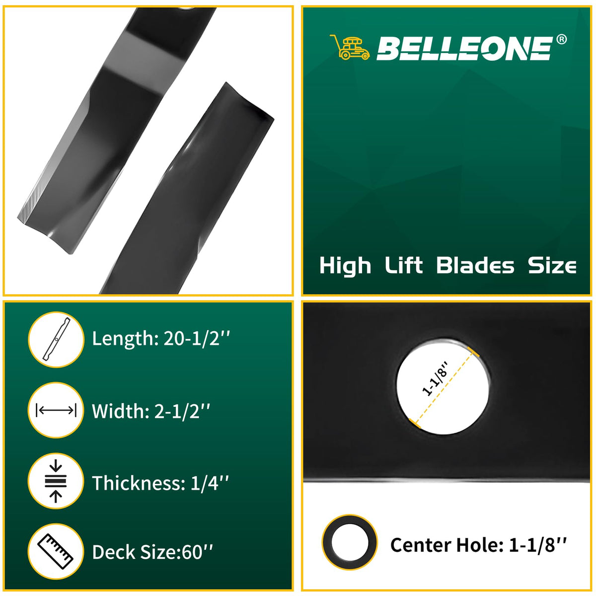 Belleone heavy-duty blades viewed from the side, showing fit for 60-inch Kubota decks.