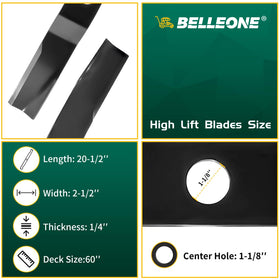 Belleone heavy-duty blades viewed from the side, showing fit for 60-inch Kubota decks.
