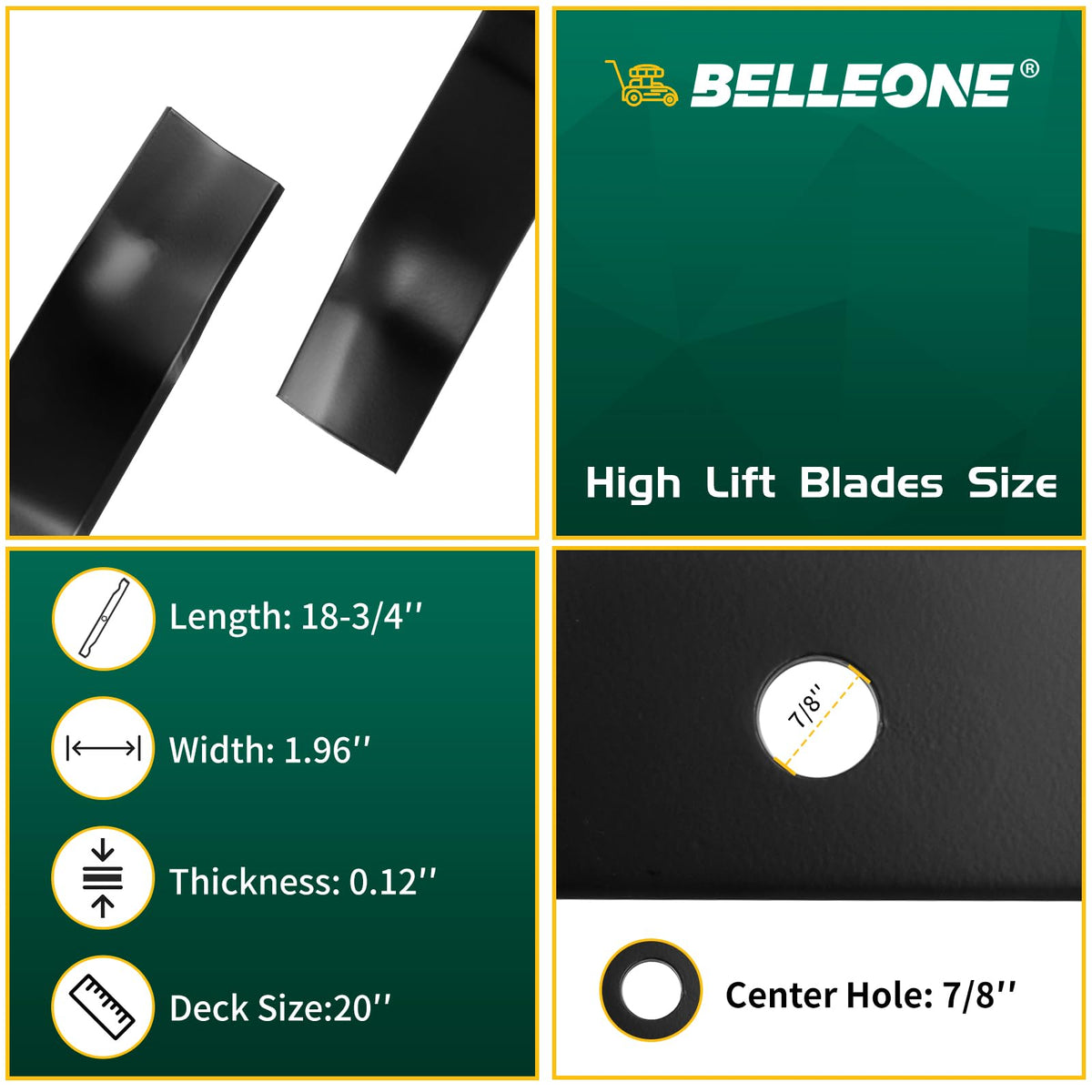 Belleone blade with multi-hole design for secure attachment and stable mowing.