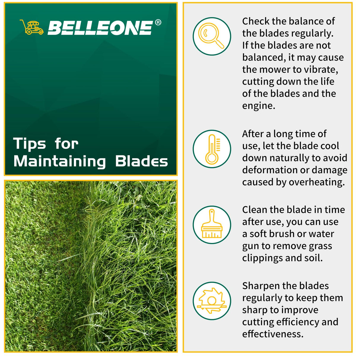 Belleone blade reduces splash and noise during lawn care.